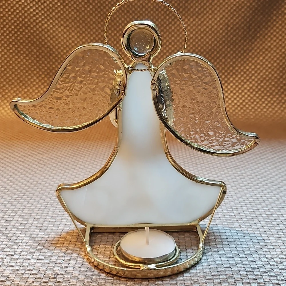 Stained Glass Angle Tealight Holder Large Irrodecent Gold Frame Crystal - Flawed